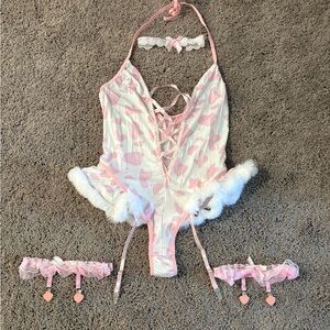 Pink and White Lingerie Set with Fur Trim Size XL